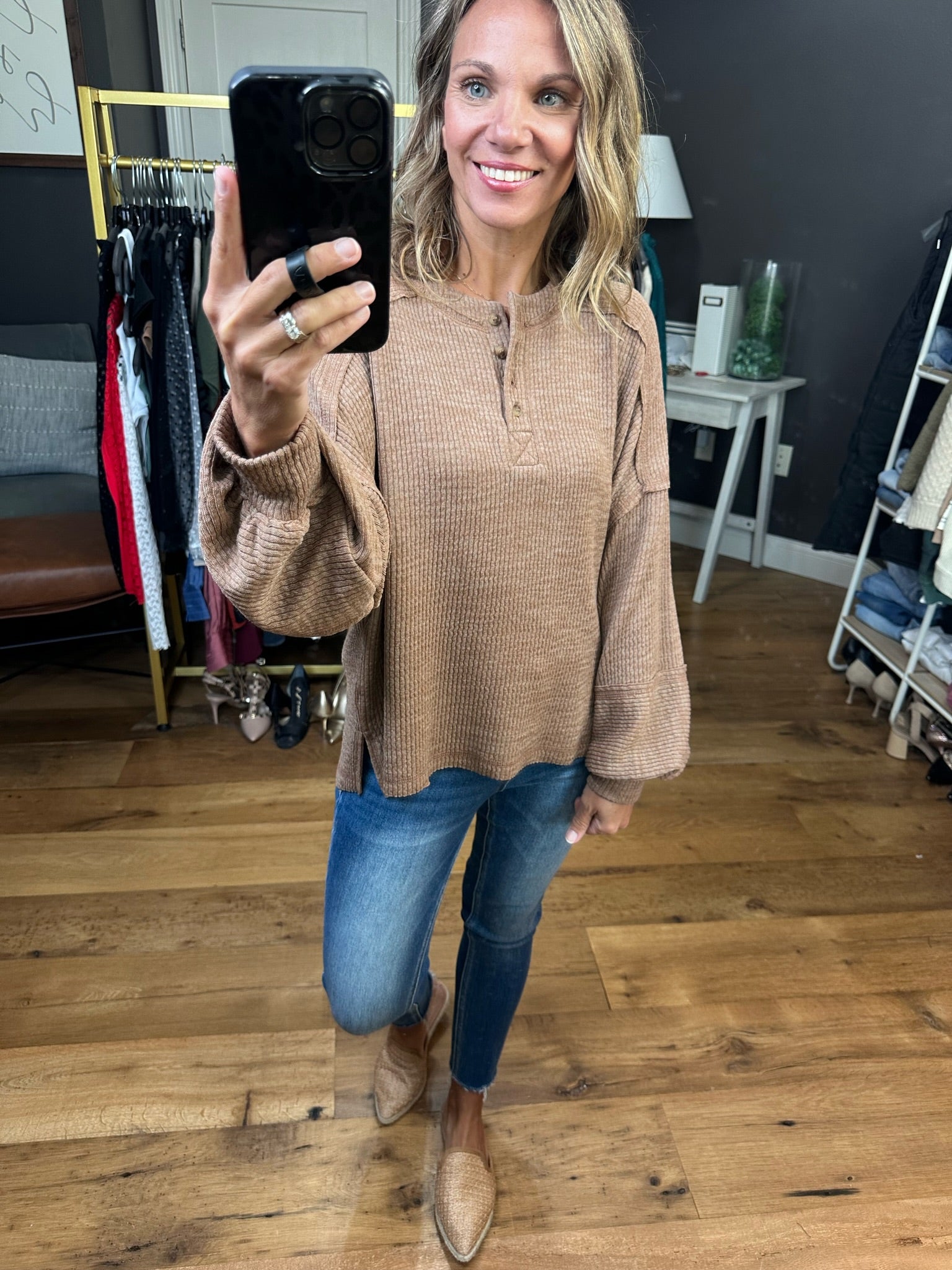 Rumors Are True Balloon Sleeve Henley Top - Multiple Options-Long Sleeves-blu Pepper B3FT1013-Anna Kaytes Boutique, Women's Fashion Boutique in Grinnell, Iowa