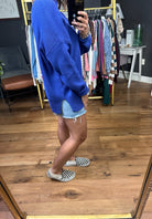 Catch Your Eye Slit-Hem Crew Sweater - Royal Blue-By Together-Anna Kaytes Boutique, Women's Fashion Boutique in Grinnell, Iowa