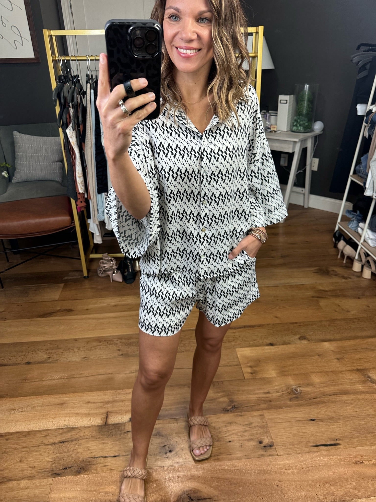 Count Me In Patterned Short + Button-Down Top Set - Black/Ivory-Shorts-Entro T20468 P20469-Anna Kaytes Boutique, Women's Fashion Boutique in Grinnell, Iowa