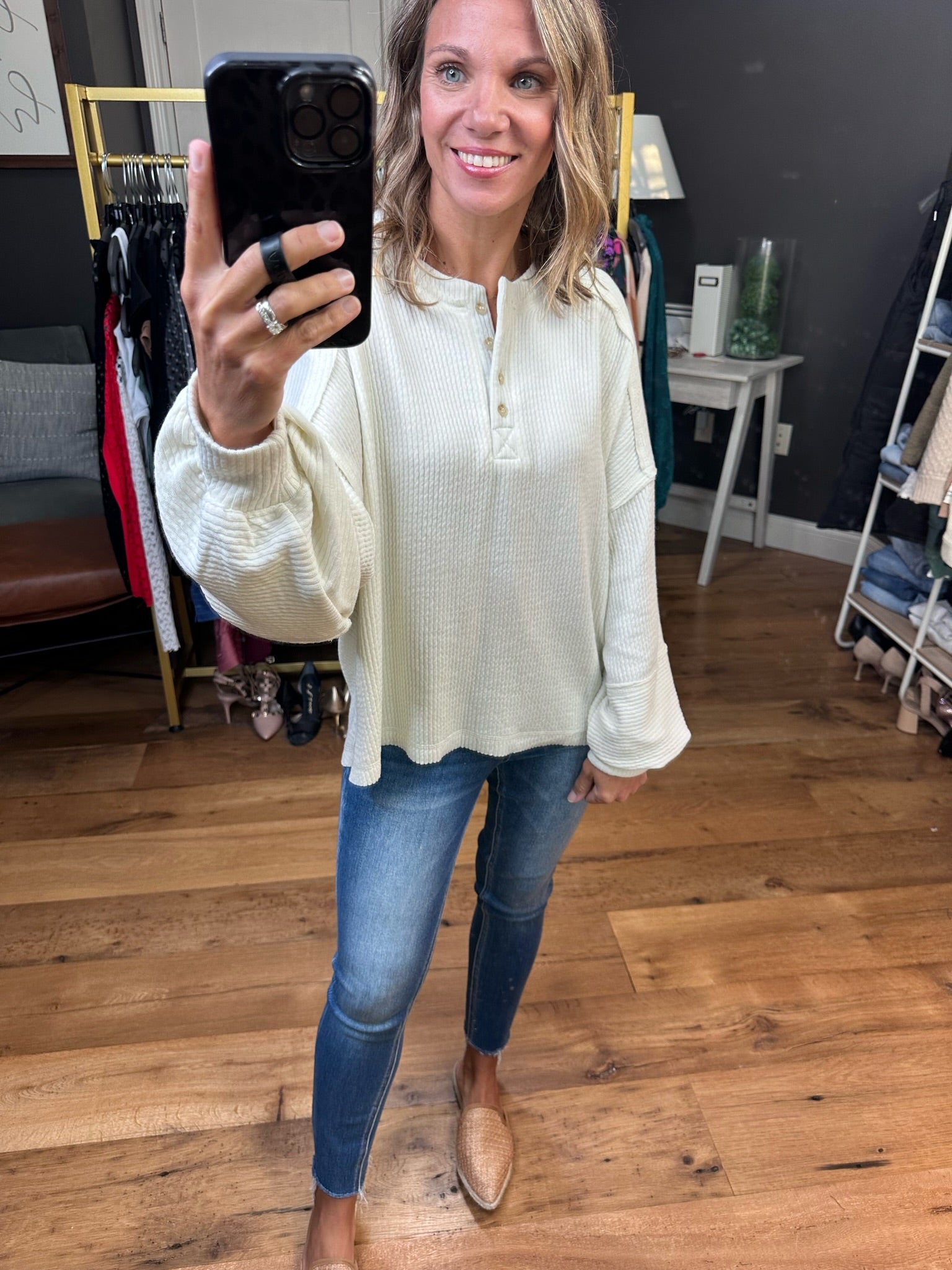 Rumors Are True Balloon Sleeve Henley Top - Multiple Options-Long Sleeves-blu Pepper B3FT1013-Anna Kaytes Boutique, Women's Fashion Boutique in Grinnell, Iowa