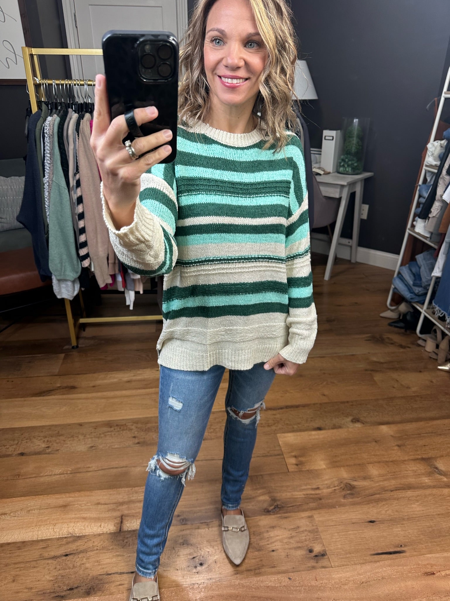 Deep Connections Striped Crew Sweater - Teal Green Combo-Sweaters-Wishlist-Anna Kaytes Boutique, Women's Fashion Boutique in Grinnell, Iowa