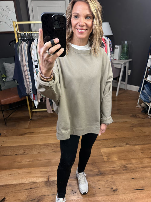 Lived In Oversized Crew Sweatshirt - Dusty Olive-Cotton Bleu 63138-Anna Kaytes Boutique, Women's Fashion Boutique in Grinnell, Iowa