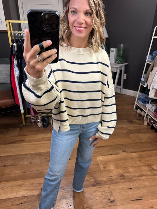 Never Alone Striped Knit Sweater With Slit Hem - Cream/Navy-Wishlist-Anna Kaytes Boutique, Women's Fashion Boutique in Grinnell, Iowa