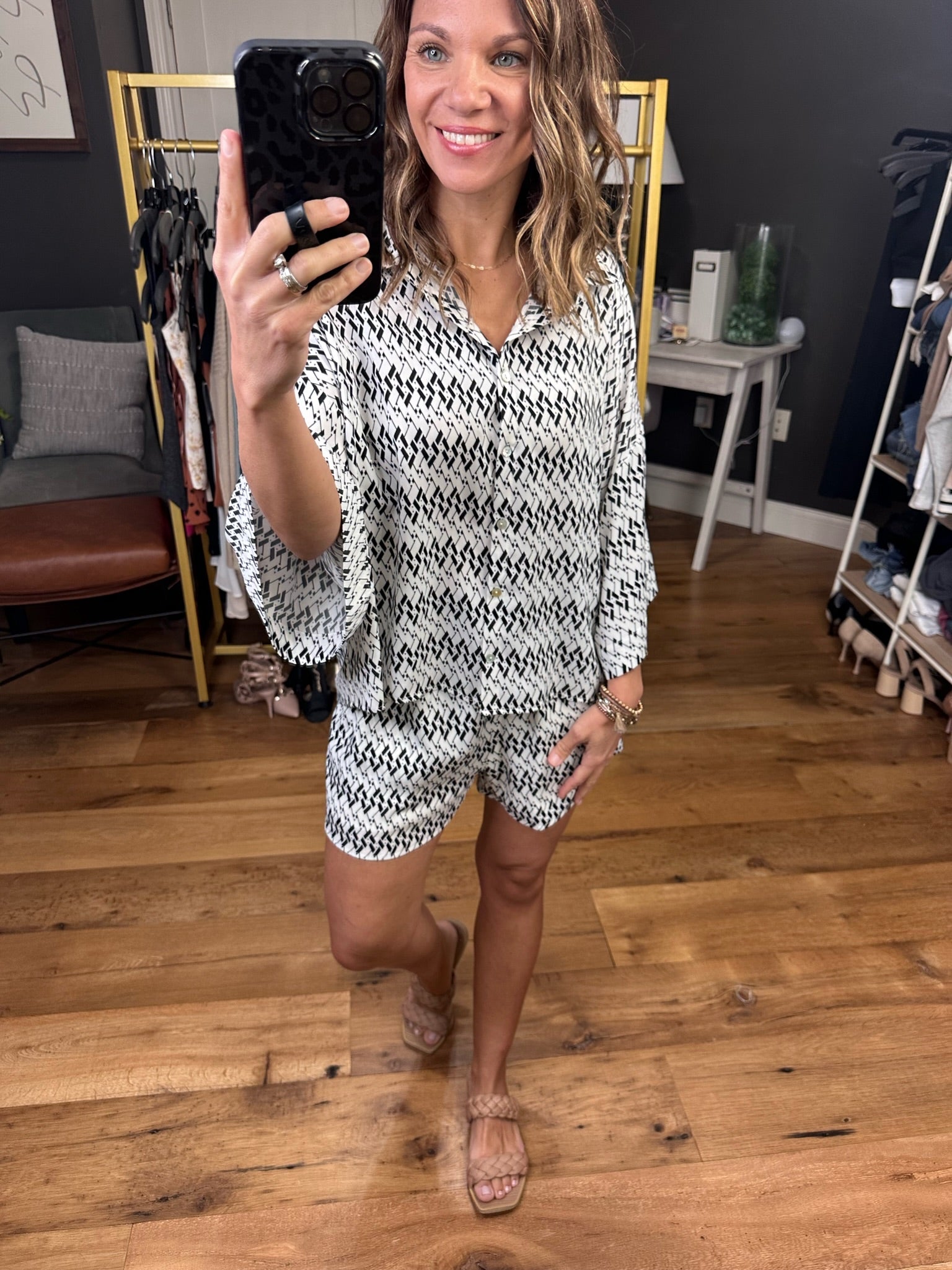 Count Me In Patterned Short + Button-Down Top Set - Black/Ivory-Shorts-Entro T20468 P20469-Anna Kaytes Boutique, Women's Fashion Boutique in Grinnell, Iowa