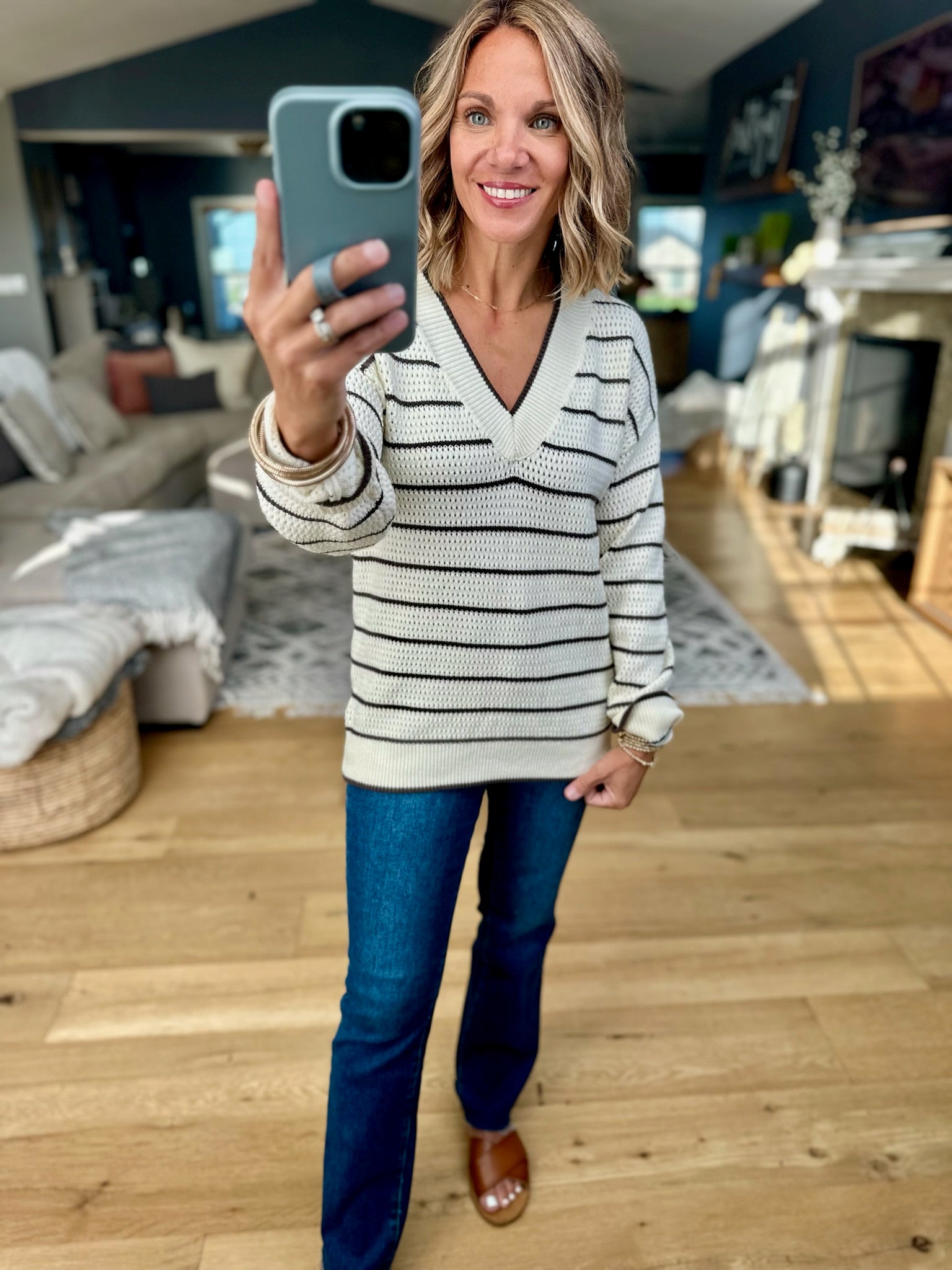 Newly Discovered Striped V-Neck Knit Sweater-Thread & Supply-Anna Kaytes Boutique, Women's Fashion Boutique in Grinnell, Iowa