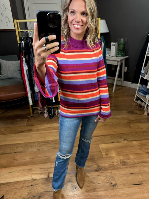 From Far Away Striped Wide-Sleeve Sweater - Magenta