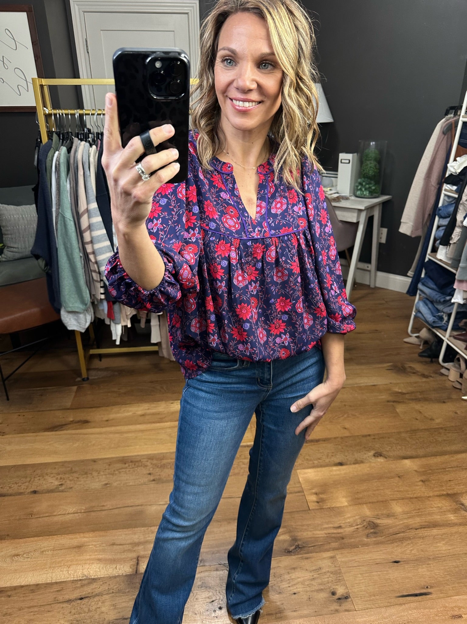 Spring Awaits Flowy Floral Top With Pleat Detail - Grape/Red-Long Sleeves-Skies Are blue 45521-Anna Kaytes Boutique, Women's Fashion Boutique in Grinnell, Iowa