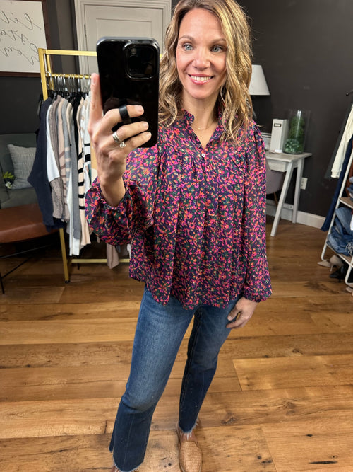 Seeing You Soon Floral Balloon Sleeve Top - Navy/Magenta-Skies Are Blue 45289-Anna Kaytes Boutique, Women's Fashion Boutique in Grinnell, Iowa