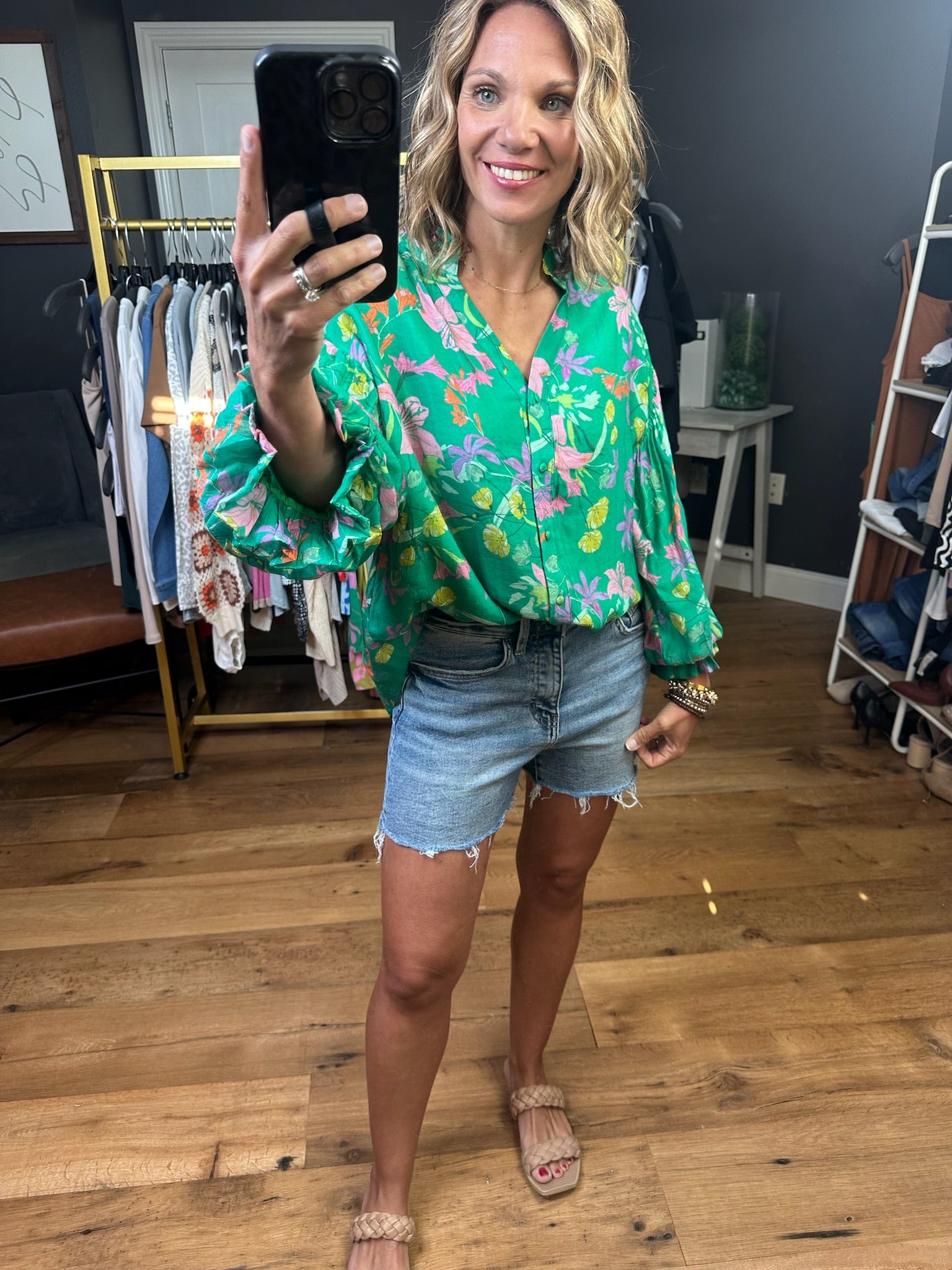 See Things Through Floral Button-Down Top - Green-Short Sleeves-Fate-Anna Kaytes Boutique, Women's Fashion Boutique in Grinnell, Iowa