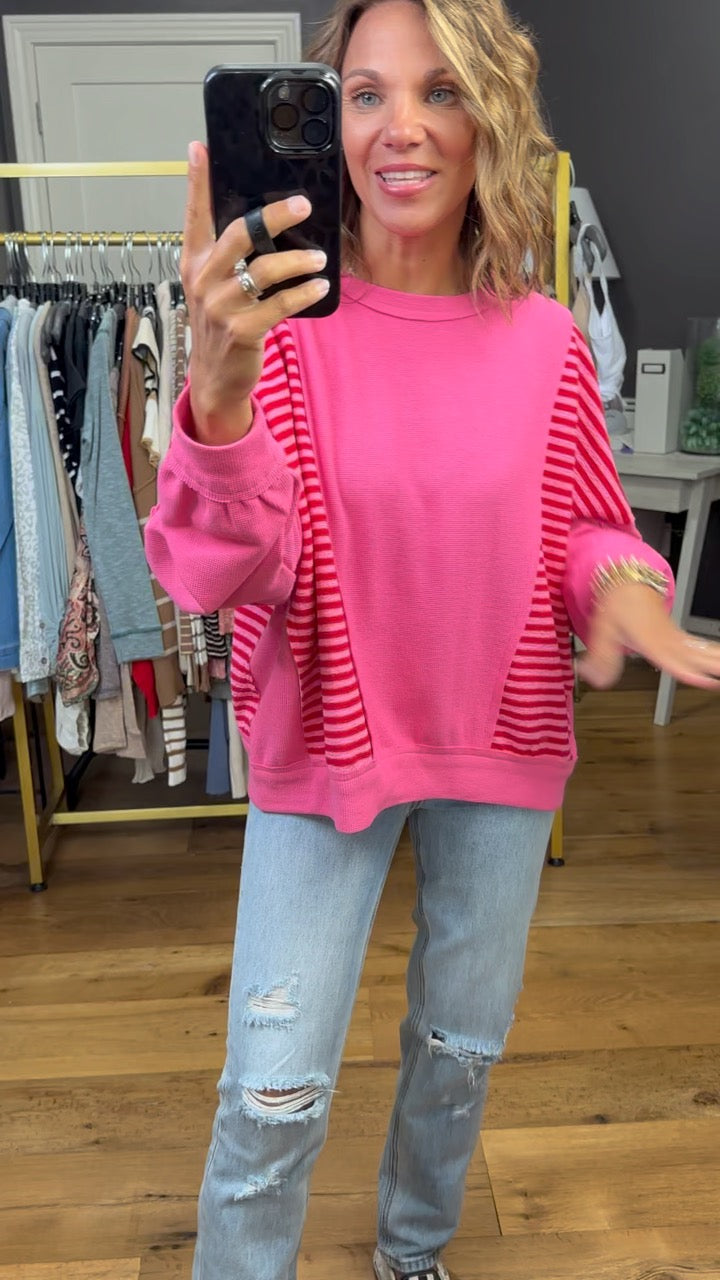 High Energy Striped Crewneck Sweatshirt - Pink-Bibi-Anna Kaytes Boutique, Women's Fashion Boutique in Grinnell, Iowa