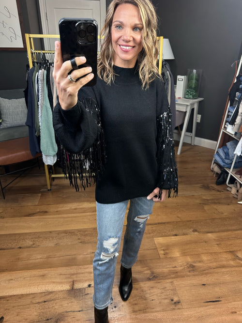 The Right Moves Fringe + Sequin Sleeve Sweater - Black-Listicle LSW0834-Anna Kaytes Boutique, Women's Fashion Boutique in Grinnell, Iowa