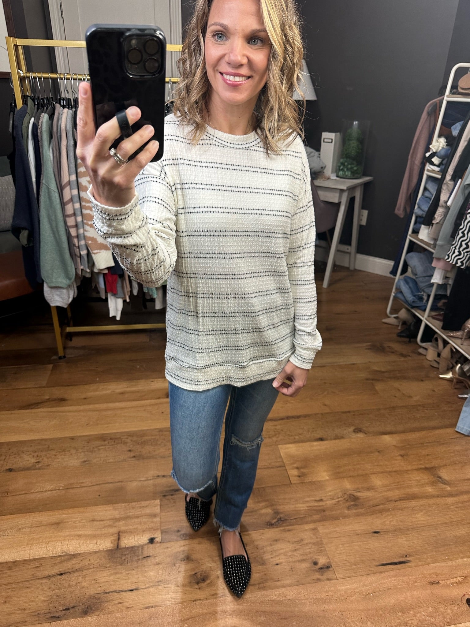 Let It Be Striped Textured Longsleeve - Ivory-Long Sleeves-Staccato 19126B-Anna Kaytes Boutique, Women's Fashion Boutique in Grinnell, Iowa