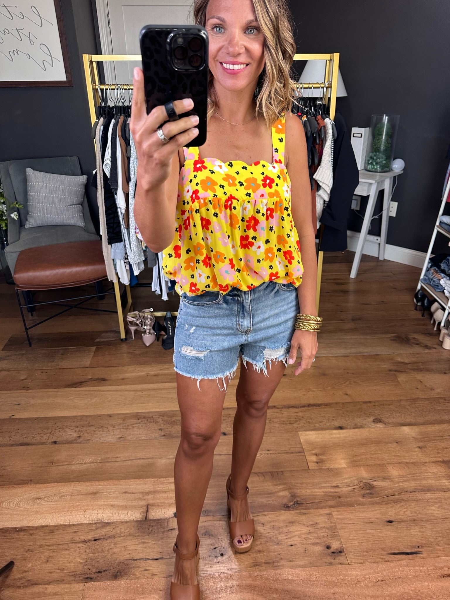 Couldn't Be Happier Floral Flowy Top With Scallop Detail - Yellow-Sleeveless-Andree By Unit Emily Wonder T11665-Anna Kaytes Boutique, Women's Fashion Boutique in Grinnell, Iowa