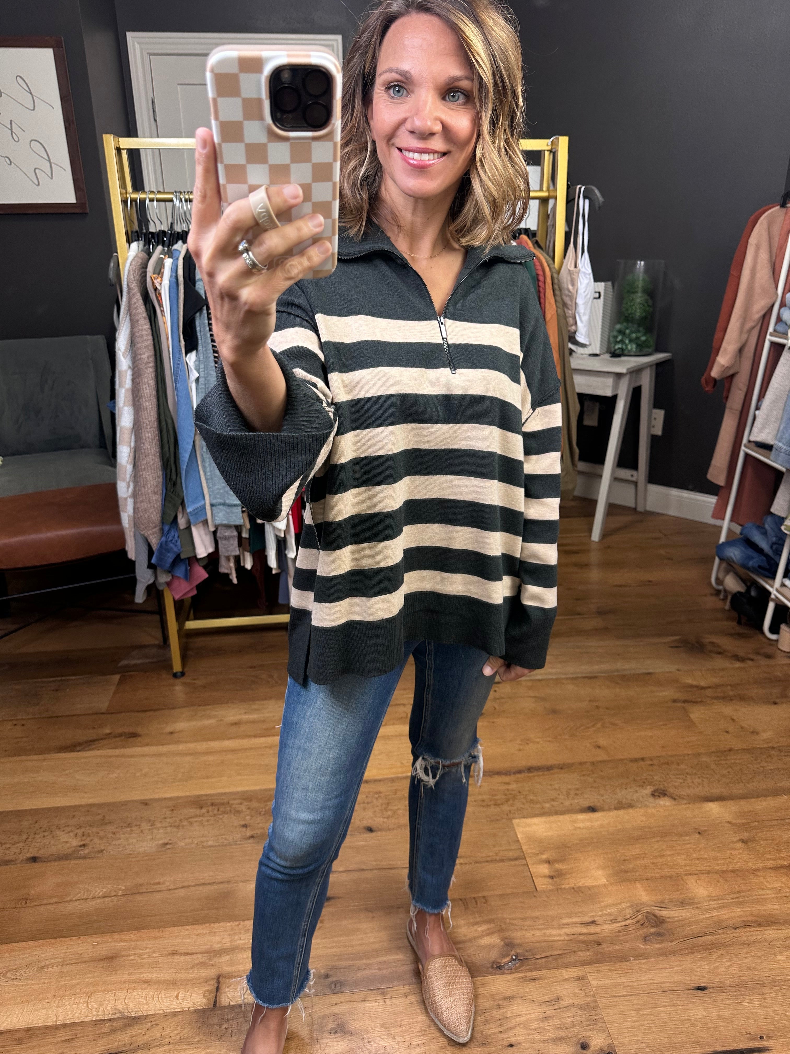 Brittany Mocha and Charcoal 1/2 Zip Striped Knit-Entro-Anna Kaytes Boutique, Women's Fashion Boutique in Grinnell, Iowa