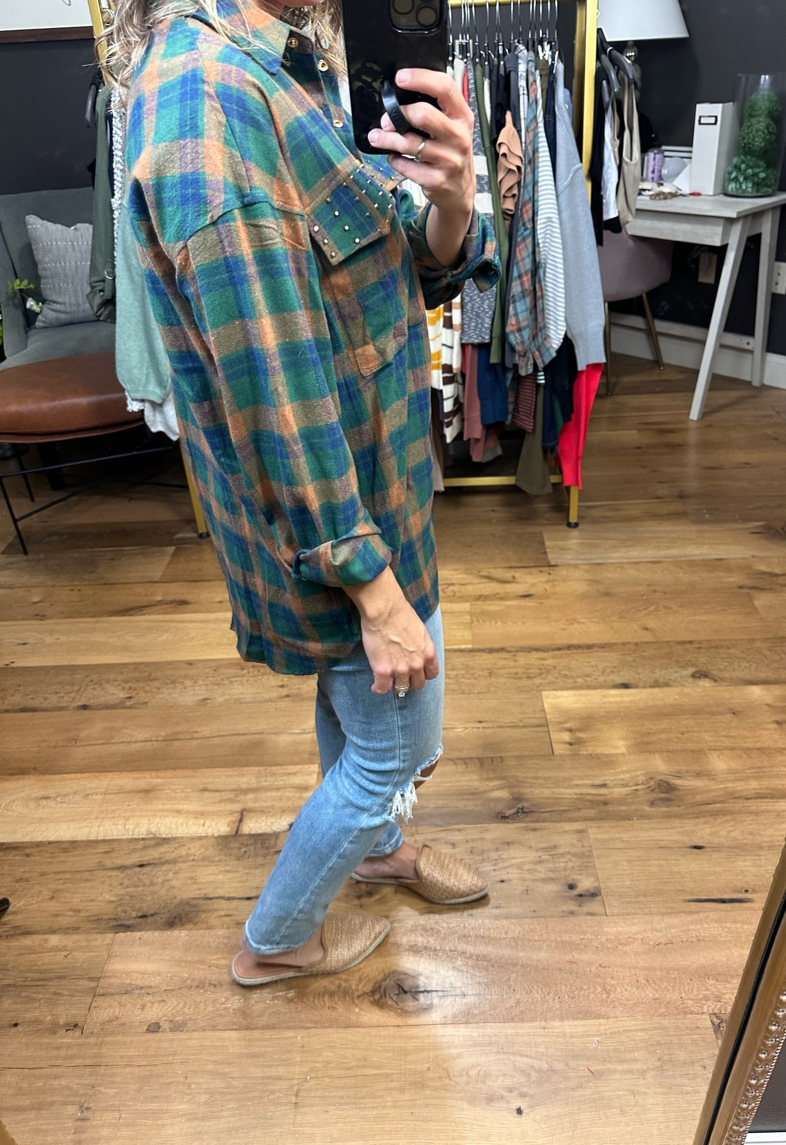 Anymore Obvious Plaid Button-Down With Studded Detail - Hunter Green-Long Sleeves-Entro T21945-Anna Kaytes Boutique, Women's Fashion Boutique in Grinnell, Iowa