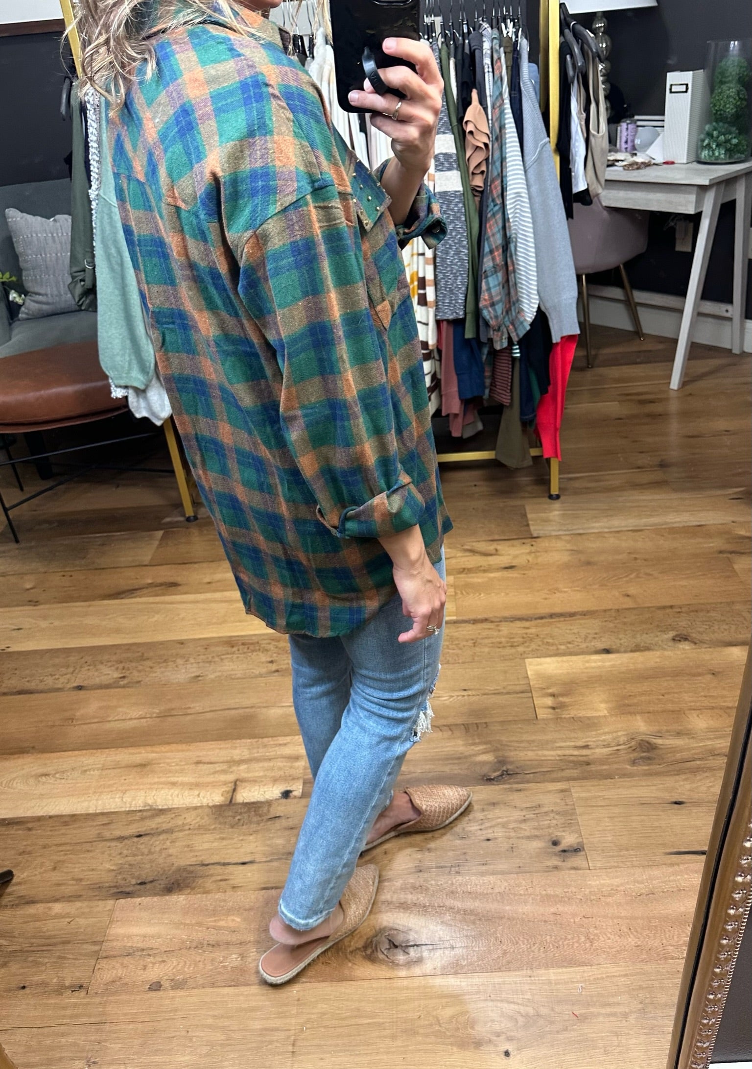 Anymore Obvious Plaid Button-Down With Studded Detail - Hunter Green-Long Sleeves-Entro T21945-Anna Kaytes Boutique, Women's Fashion Boutique in Grinnell, Iowa