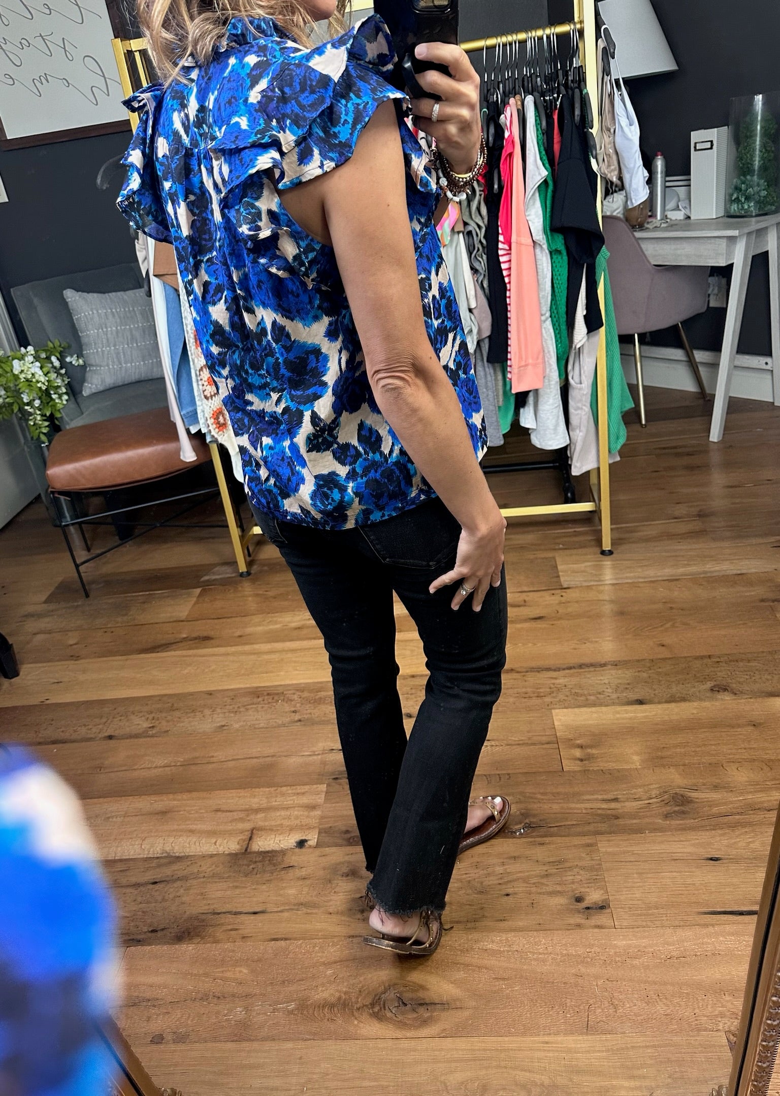 To The Point Floral Top With Ruffle Sleeve Detail - Blue-Short Sleeves-Olivaceous-Anna Kaytes Boutique, Women's Fashion Boutique in Grinnell, Iowa