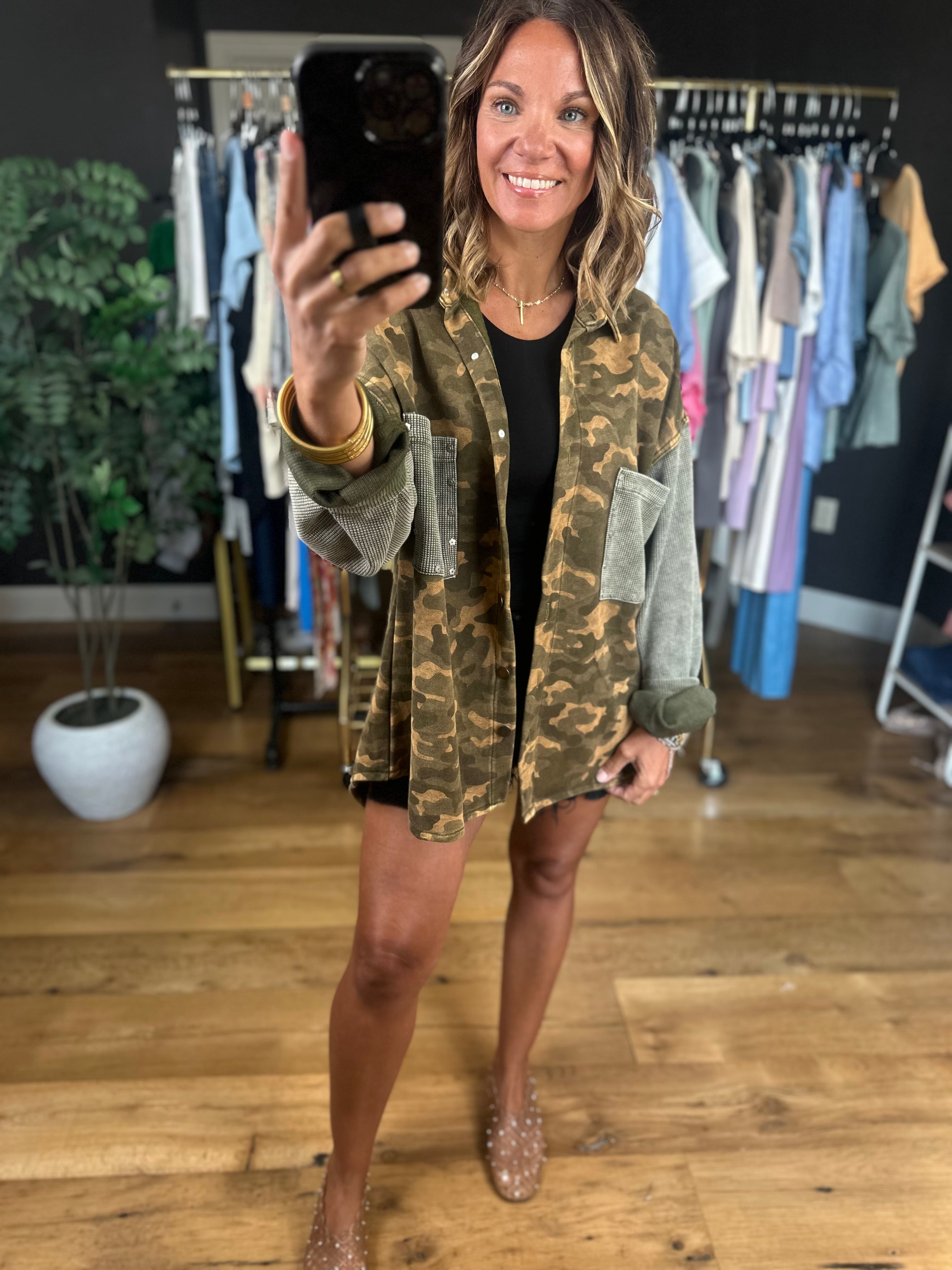 Out There Camo Jacket-Jackets-POL-Anna Kaytes Boutique, Women's Fashion Boutique in Grinnell, Iowa