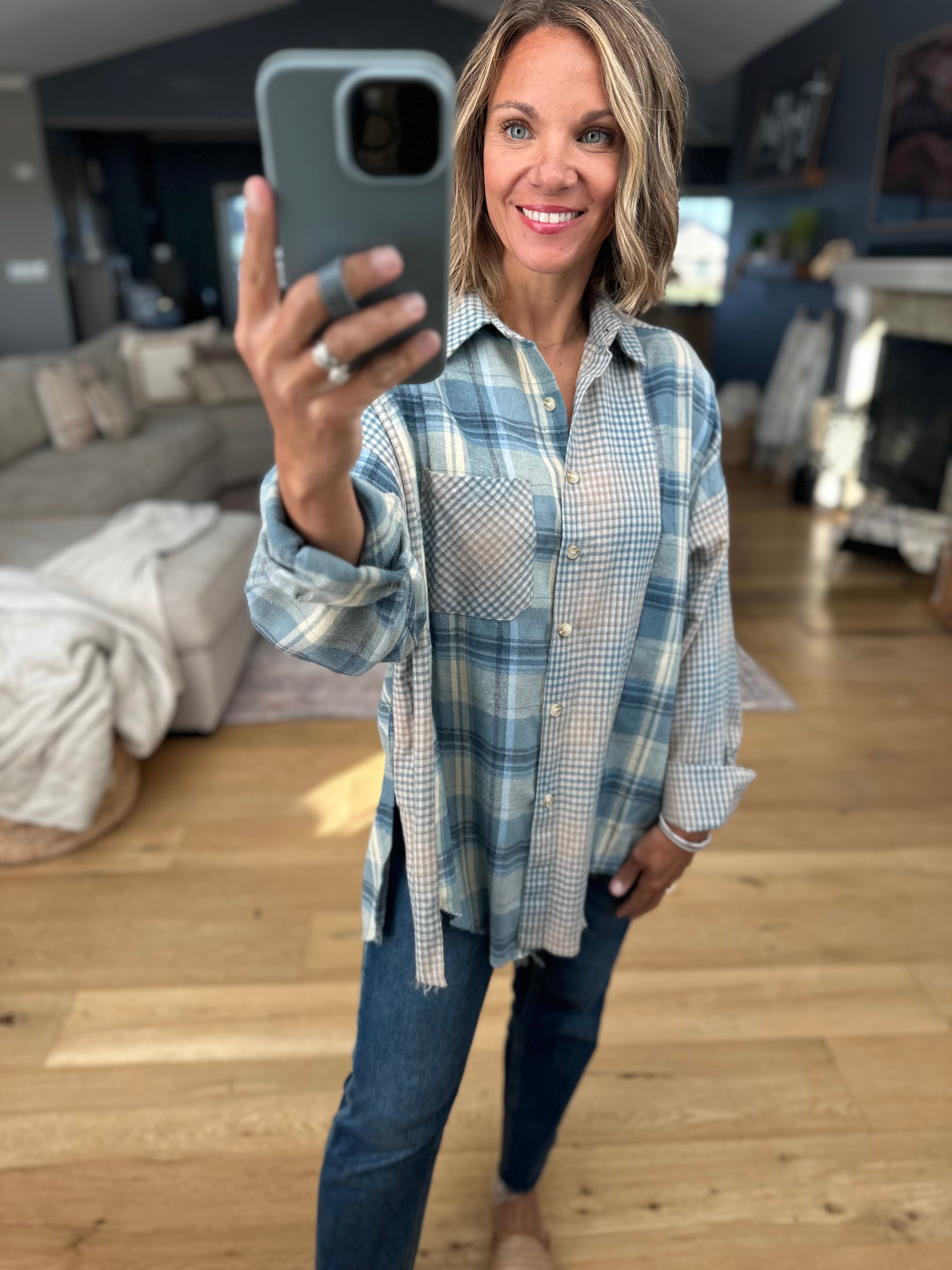 Casual Day Raw-Hem Boyfriend Flannel - BLUE-Aemi & Co-Anna Kaytes Boutique, Women's Fashion Boutique in Grinnell, Iowa