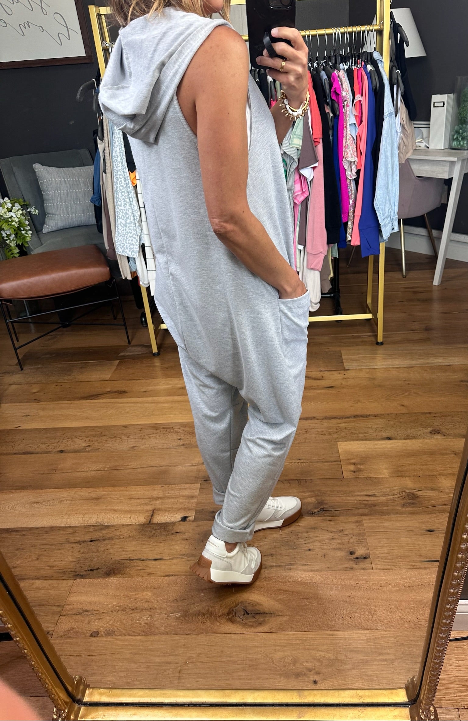 For Today Sleeveless Hooded Jumpsuit - Heather Grey-Jumpsuits-Bucketlist R5390-Anna Kaytes Boutique, Women's Fashion Boutique in Grinnell, Iowa