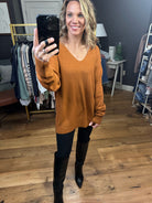 Sweet On You V-Neck Knit Sweater - Deep Caramel-Sweaters-Skies Are Blue 45566-Anna Kaytes Boutique, Women's Fashion Boutique in Grinnell, Iowa