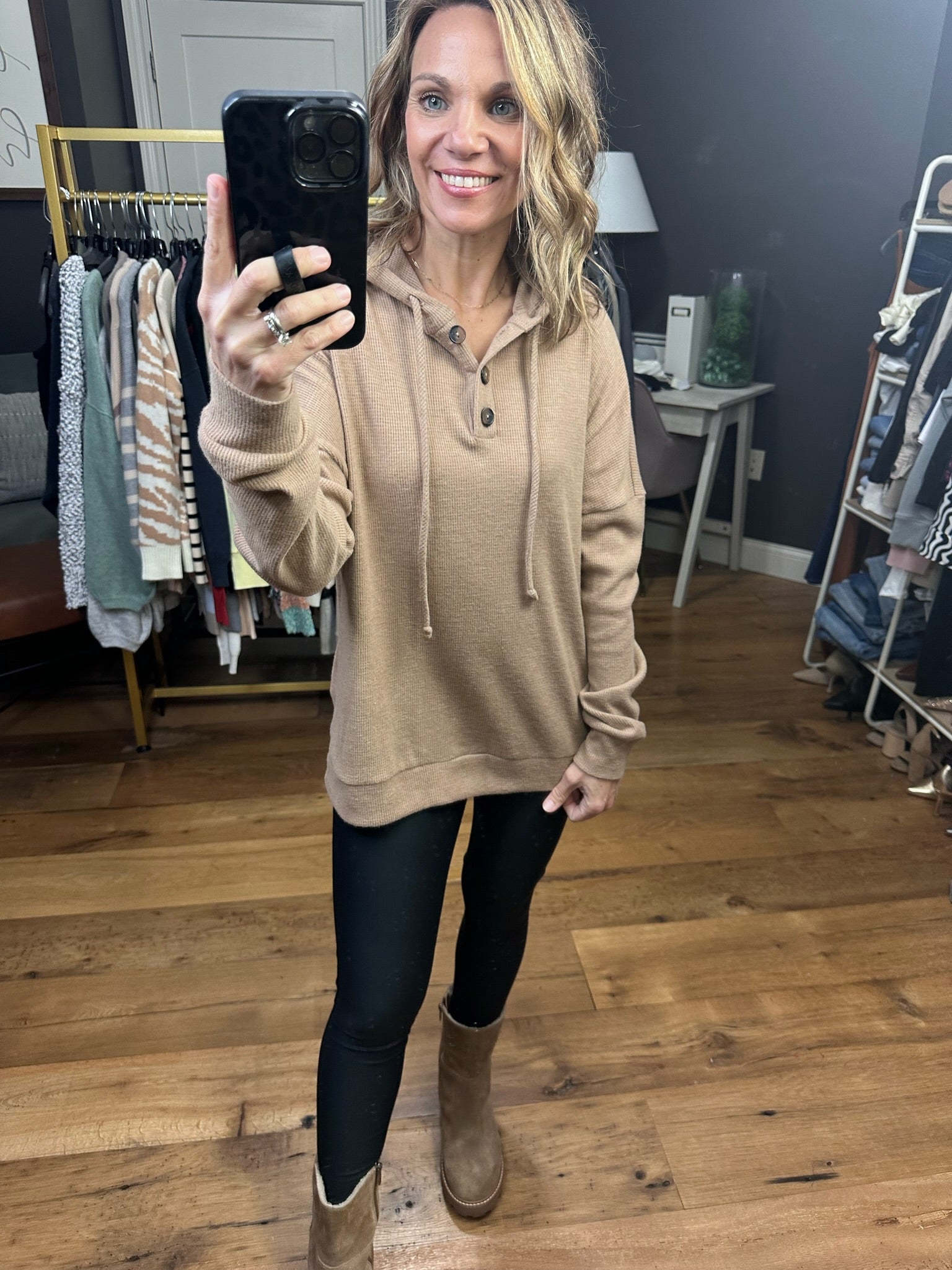 Feeling Good Waffle Henley Hoodie - Mocha-Hoodies-Staccato 18461B-Anna Kaytes Boutique, Women's Fashion Boutique in Grinnell, Iowa