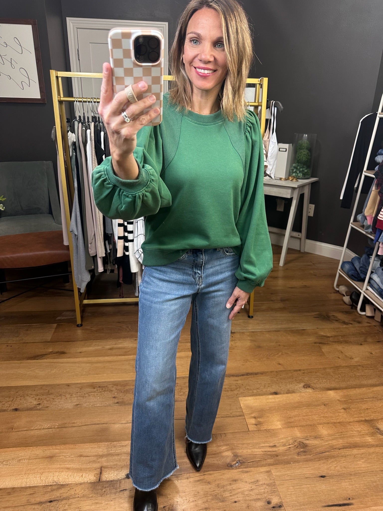 Looking Back Balloon Sleeve Crew Sweatshirt - Hunter Green-Jodifl-Anna Kaytes Boutique, Women's Fashion Boutique in Grinnell, Iowa