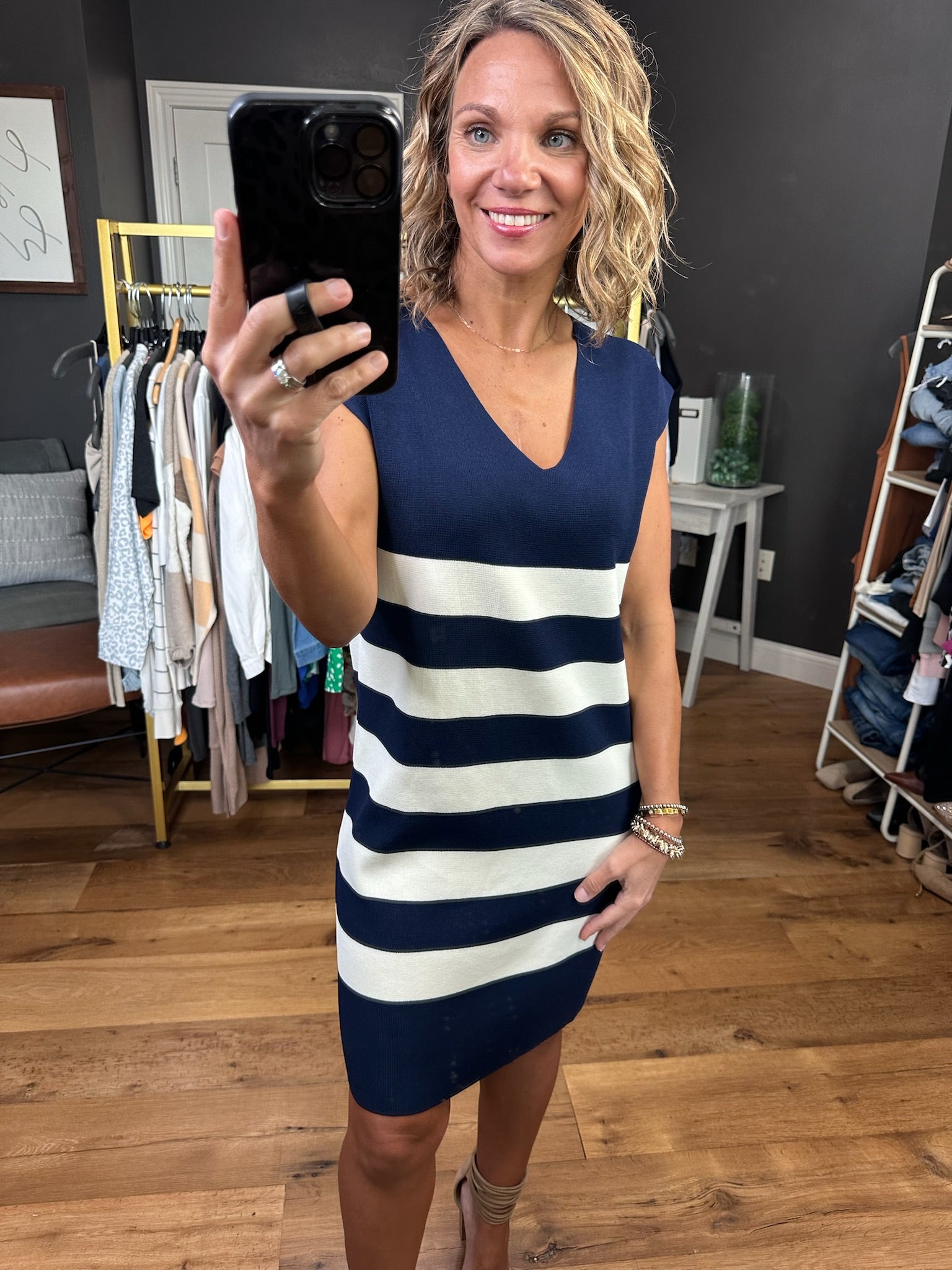 Make You Proud Striped Sweater Dress - Navy-Dresses-Entro D22923-Anna Kaytes Boutique, Women's Fashion Boutique in Grinnell, Iowa