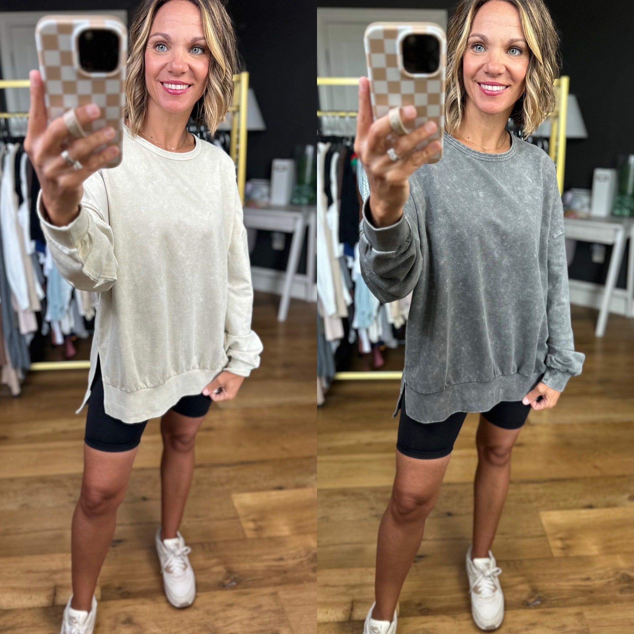 On My Mind Slit-Hem Washed Crewneck - Multiple Options-Blu Pepper-Anna Kaytes Boutique, Women's Fashion Boutique in Grinnell, Iowa