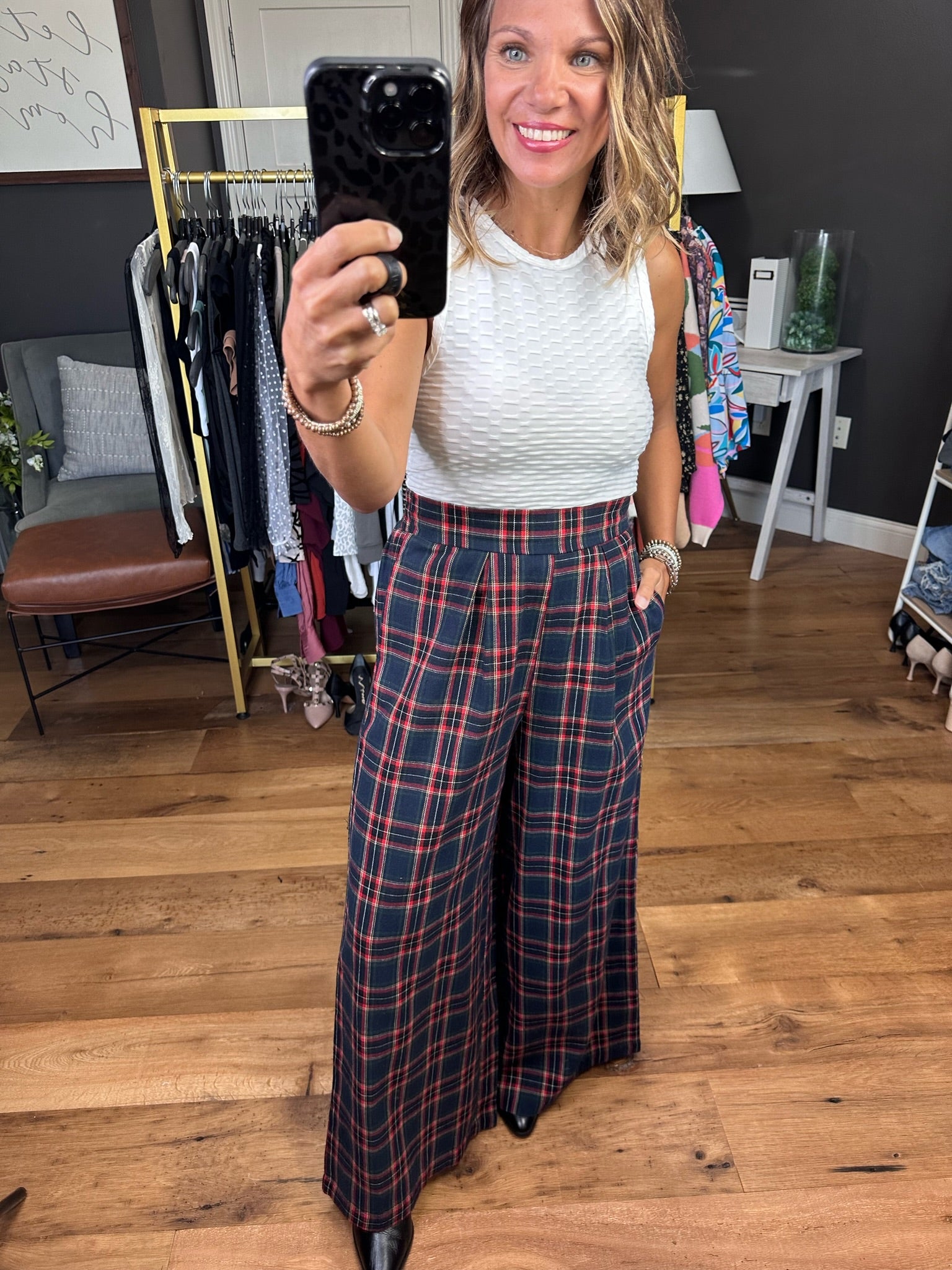 Go With The Flow Plaid Wide-Leg Pant - Navy