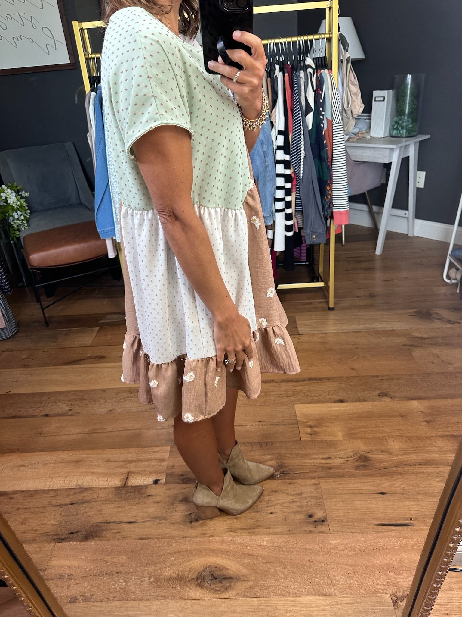 Patching Things Up V-Neck Dress - Ivory/Sage/Brown-Bucketlist-Anna Kaytes Boutique, Women's Fashion Boutique in Grinnell, Iowa