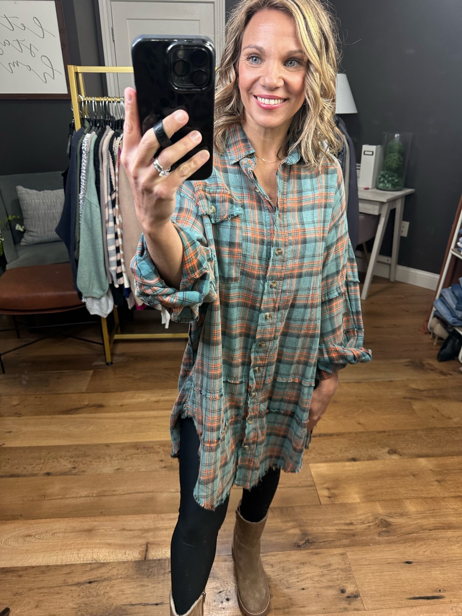 See It Live Oversized Plaid Top With Raw Edge Detail - Vintage Teal