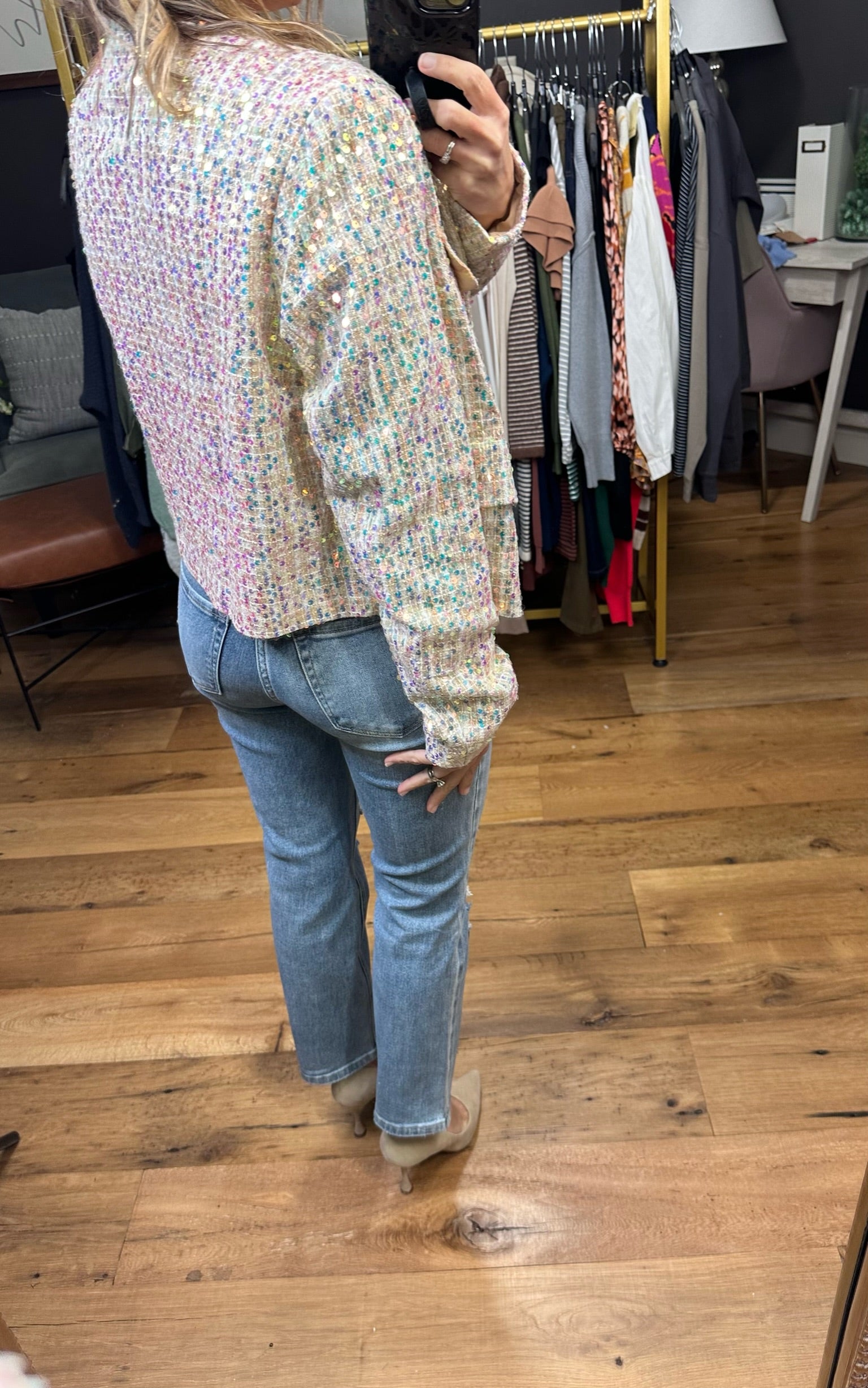 The Right Era Tweed Sequin Button-Down Jacket