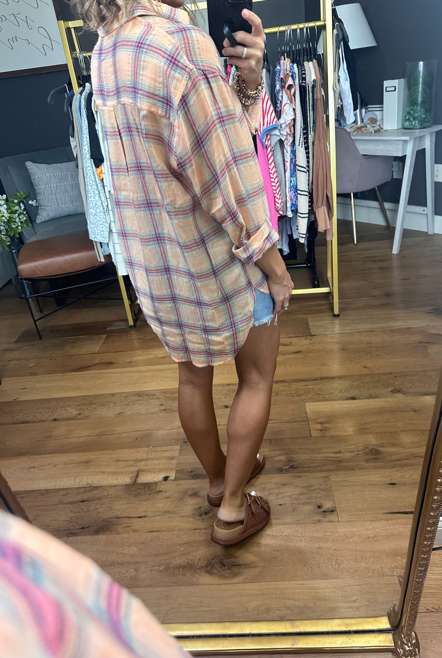 Hear Me Out Plaid Button-Down Top - Salmon Multi-Long Sleeves-La Miel-Anna Kaytes Boutique, Women's Fashion Boutique in Grinnell, Iowa