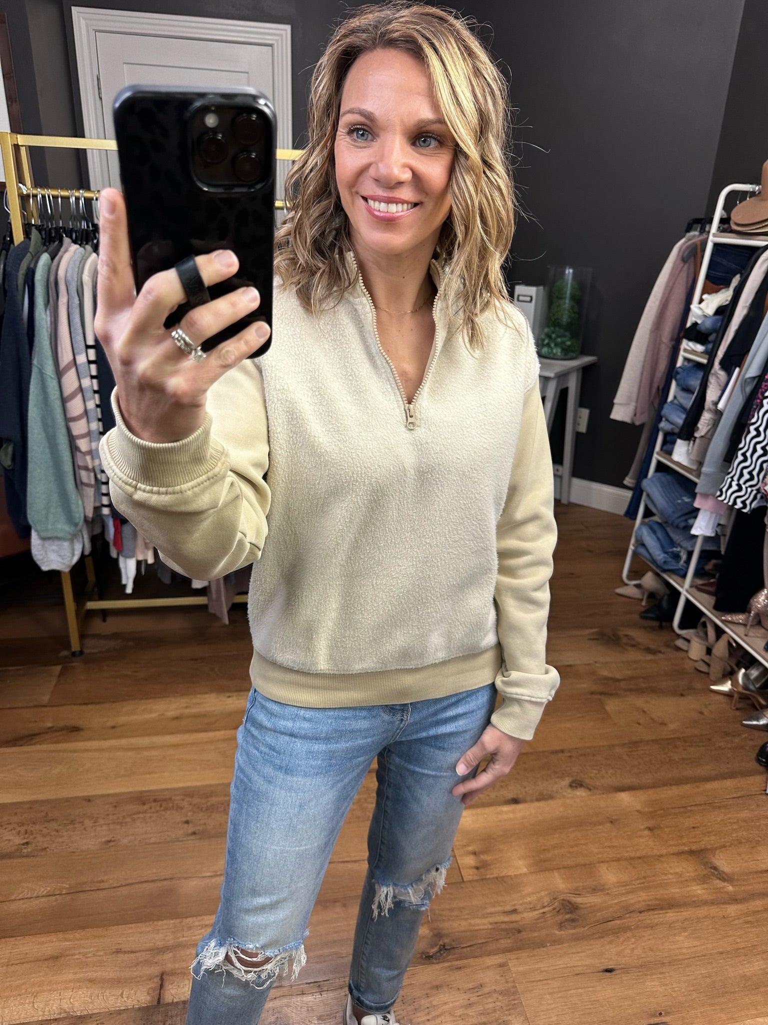 The Jenna Two-Toned Vintage Fleece Zip Pullover - Taupe-Sweaters-Mono B Kt12077-Anna Kaytes Boutique, Women's Fashion Boutique in Grinnell, Iowa