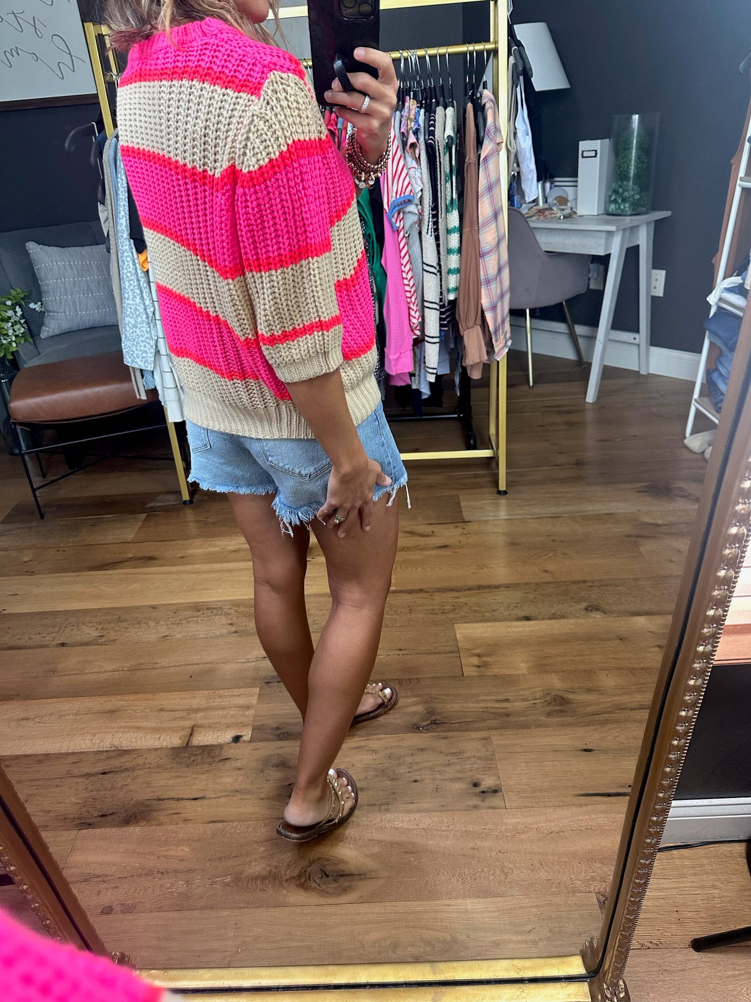 How Sweet It Is Striped Knit Top - Oat/Pink/Coral-Short Sleeves-Bibi-Anna Kaytes Boutique, Women's Fashion Boutique in Grinnell, Iowa