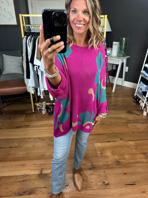 Positive Thinking Patterned Oversized Sweater - Teal/Magenta