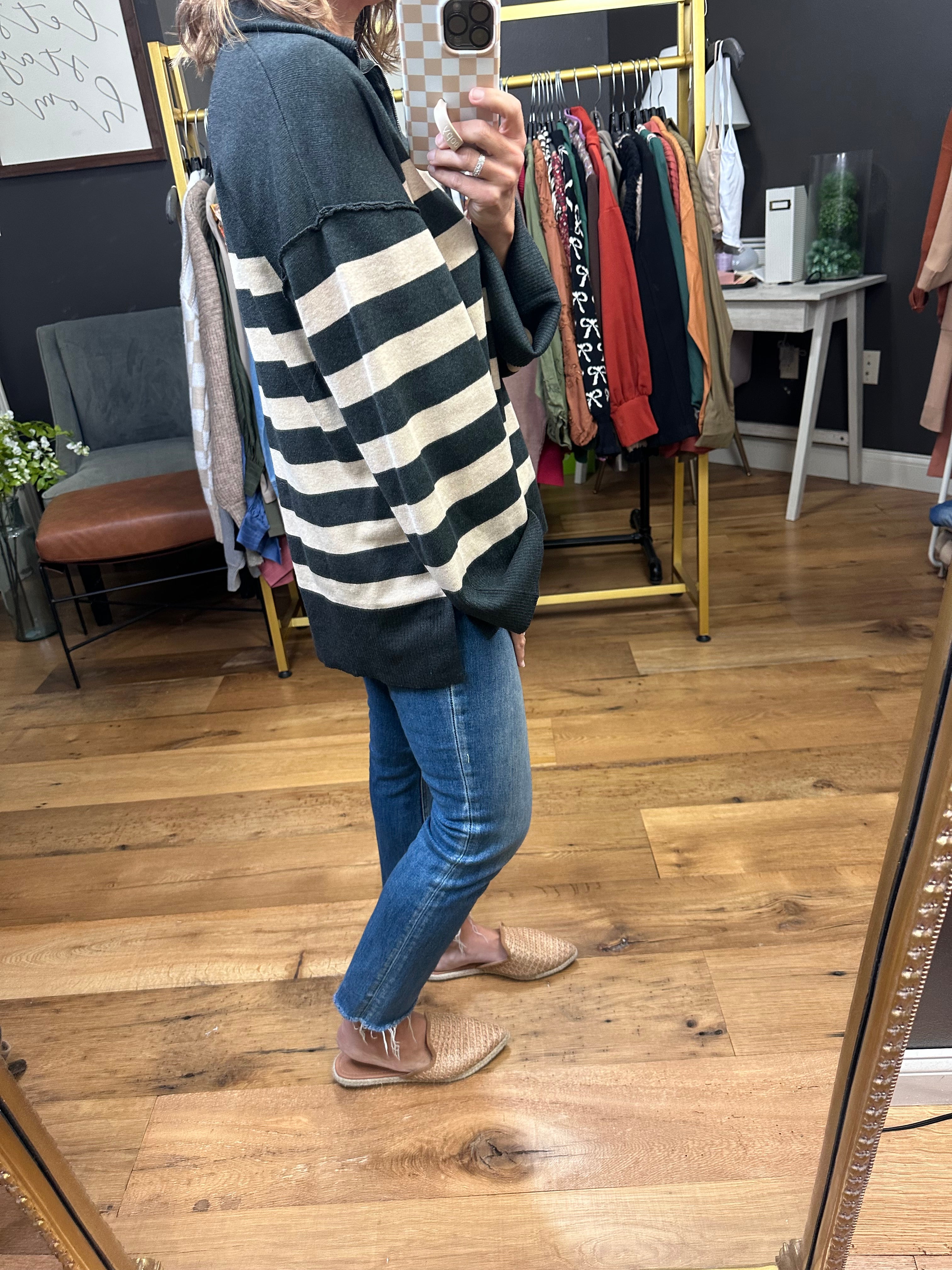 Brittany Mocha and Charcoal 1/2 Zip Striped Knit-Entro-Anna Kaytes Boutique, Women's Fashion Boutique in Grinnell, Iowa