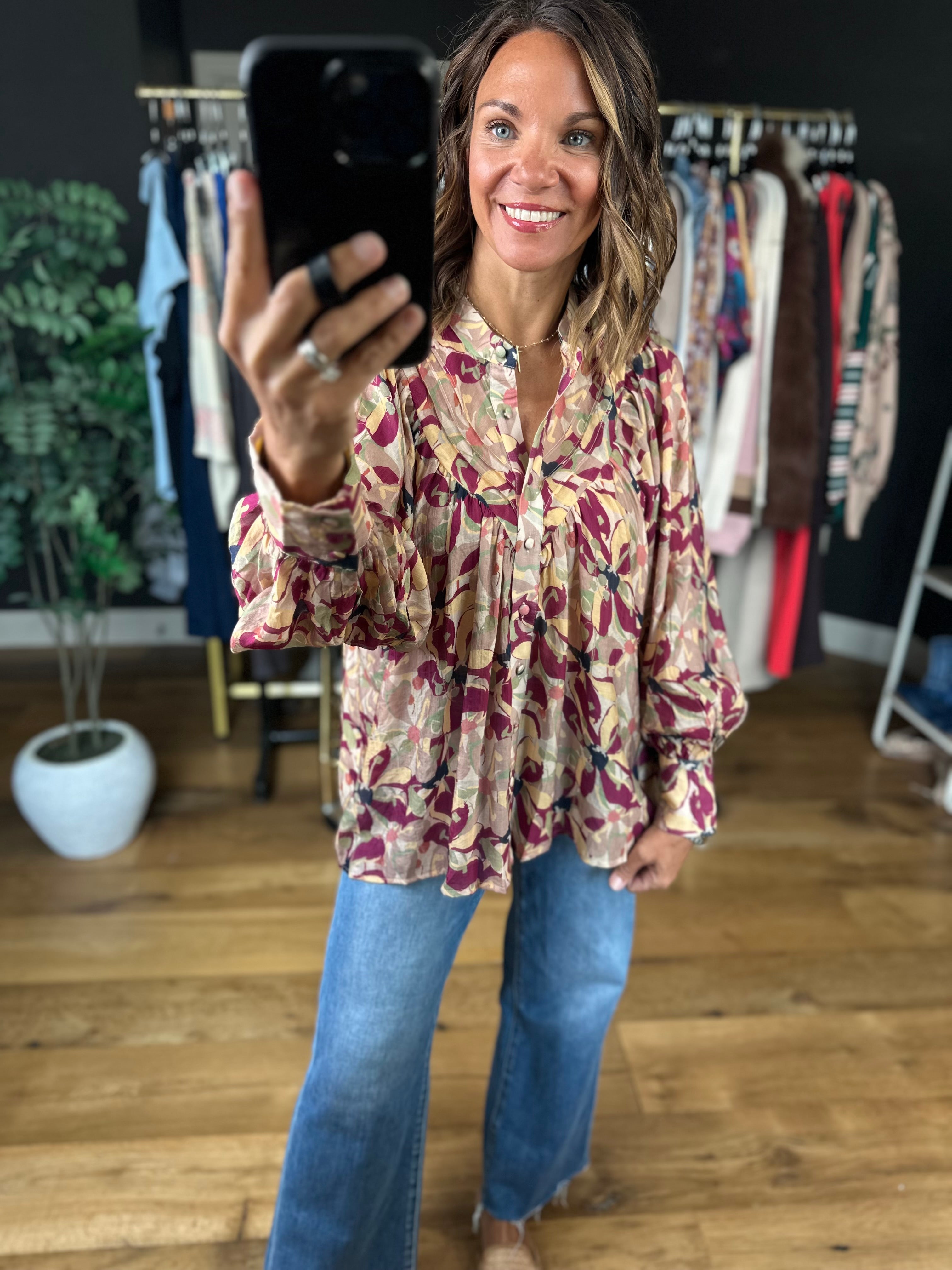 Time Goes By Patterned Top-Long Sleeves-ee:some-Anna Kaytes Boutique, Women's Fashion Boutique in Grinnell, Iowa