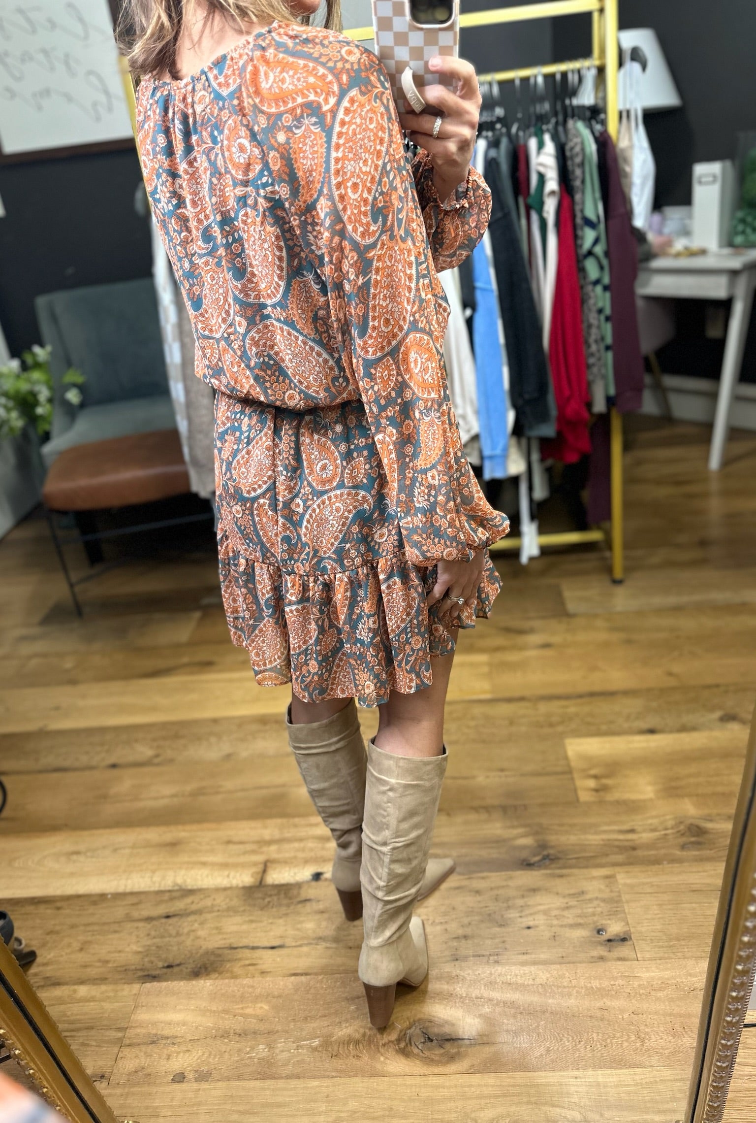 All I Could Want Paisley Printed Dress With Statement Sleeve Detail - Rust/Grey-Entro-Anna Kaytes Boutique, Women's Fashion Boutique in Grinnell, Iowa