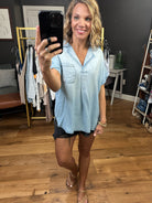 In My Defense Tencel Top - Light Denim-Short Sleeves-Easel-Anna Kaytes Boutique, Women's Fashion Boutique in Grinnell, Iowa