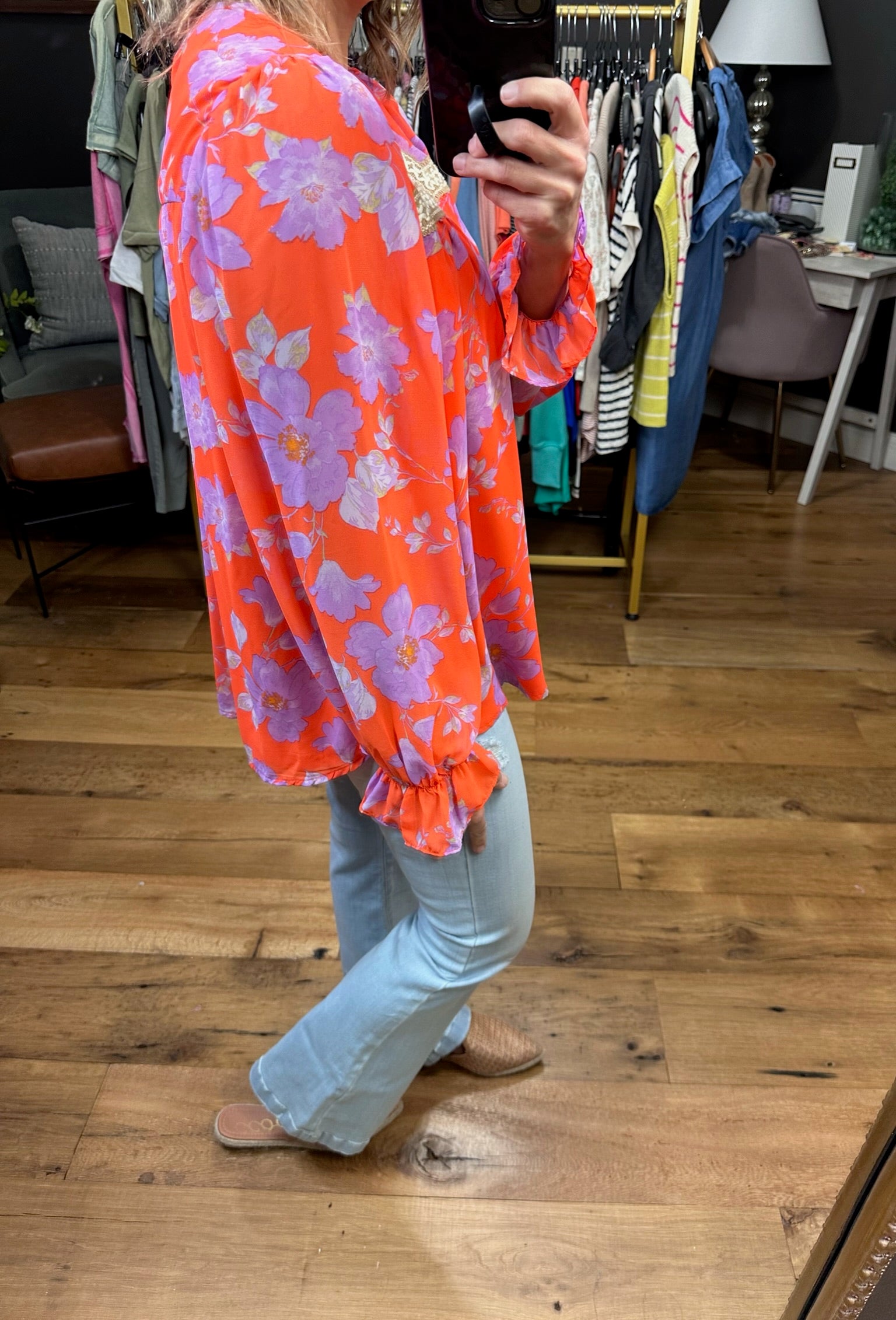 Spring Air Floral Crochet Top - Coral-Long Sleeves-Jodifl 21471-1-Anna Kaytes Boutique, Women's Fashion Boutique in Grinnell, Iowa