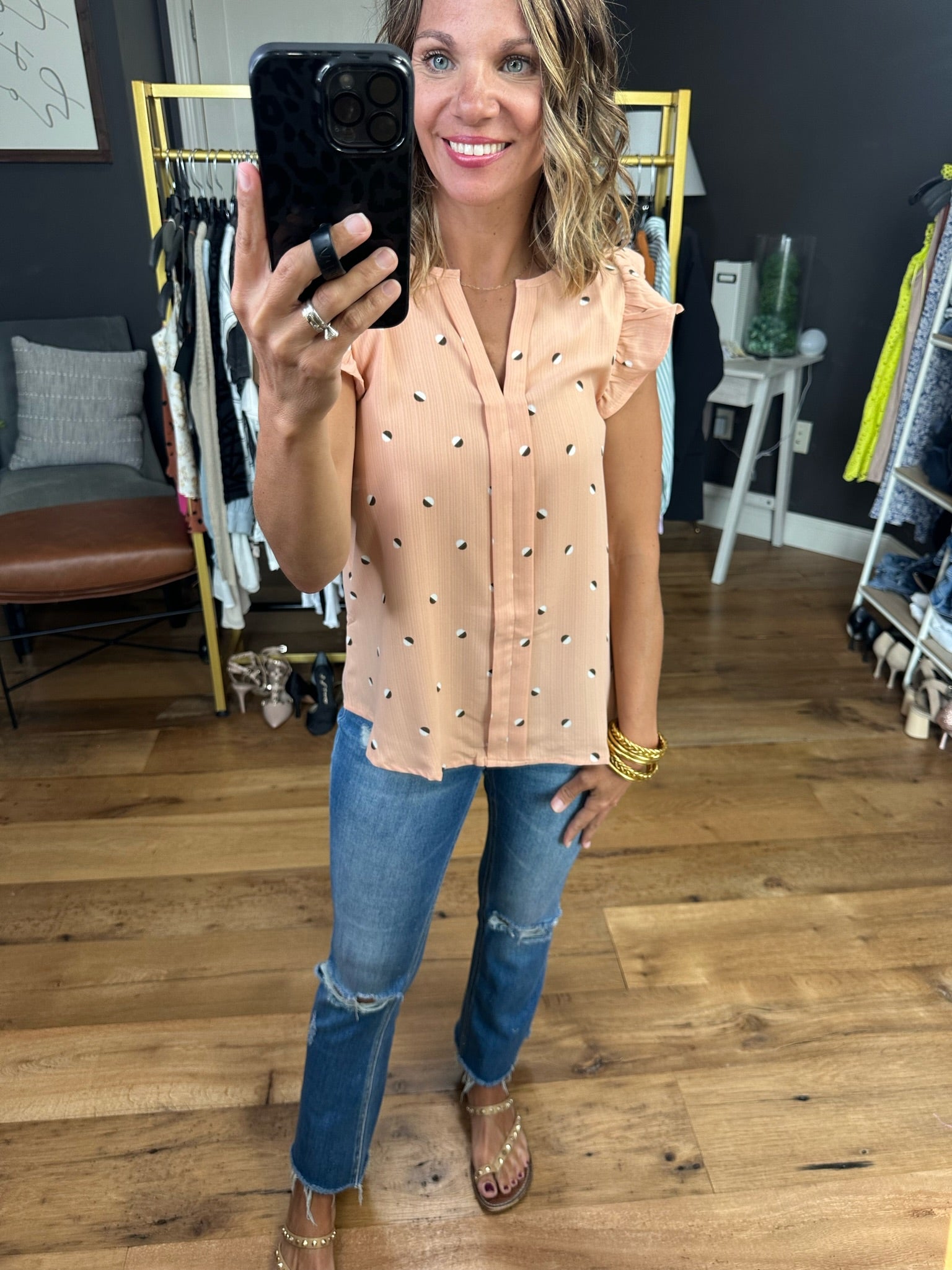 Right Space Dotted Top With Flutter Detail - Multiple Options-Short Sleeves-Blu Pepper TB8189B-Anna Kaytes Boutique, Women's Fashion Boutique in Grinnell, Iowa