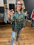 Anymore Obvious Plaid Button-Down With Studded Detail - Hunter Green-Long Sleeves-Entro T21945-Anna Kaytes Boutique, Women's Fashion Boutique in Grinnell, Iowa