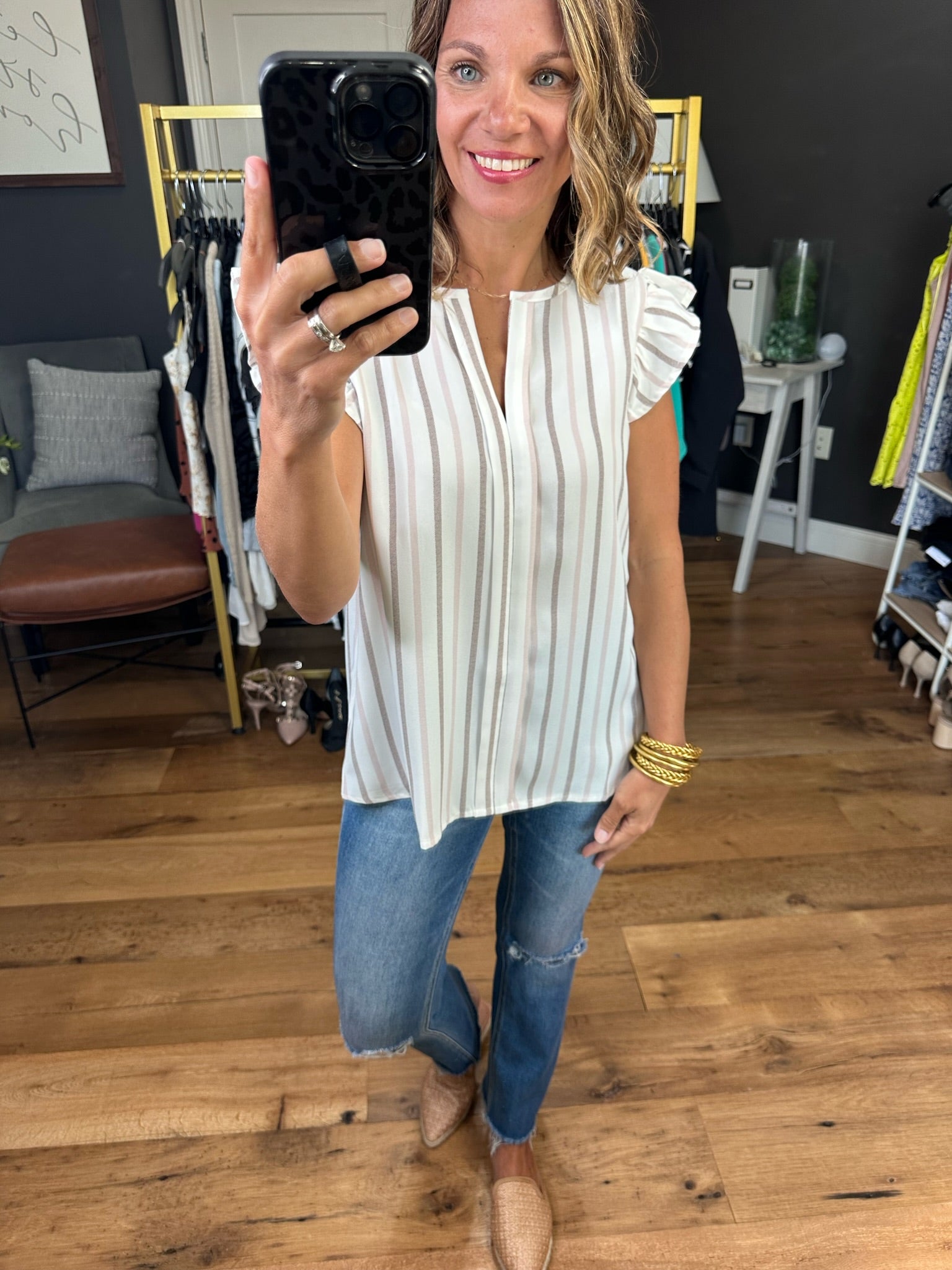 On The Note Striped Flutter Sleeve Top - Taupe