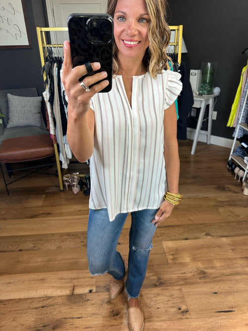 On The Note Striped Flutter Sleeve Top - Taupe-Blu Pepper The Workshop TB8189A-Anna Kaytes Boutique, Women's Fashion Boutique in Grinnell, Iowa