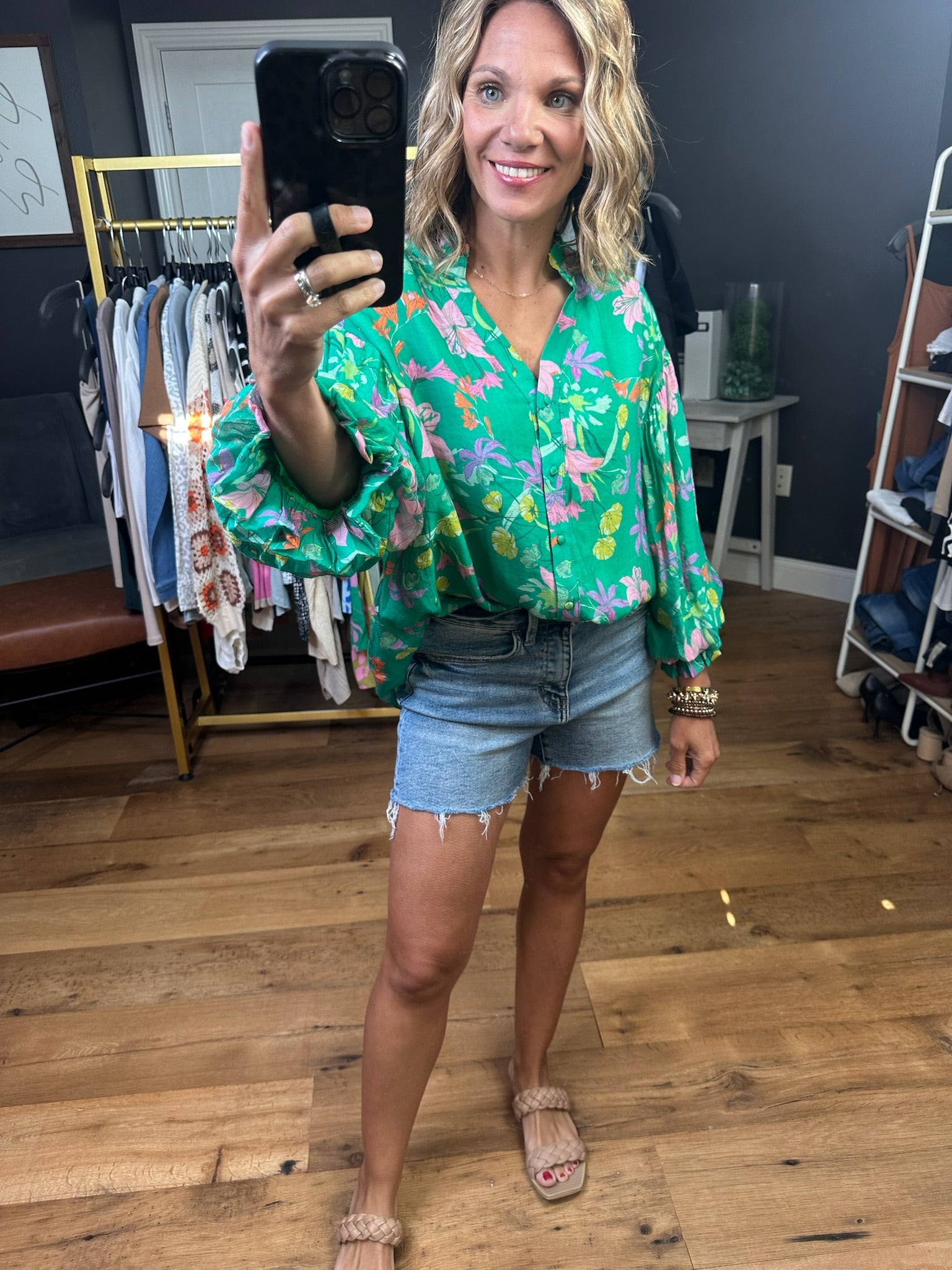 See Things Through Floral Button-Down Top - Green-Short Sleeves-Fate-Anna Kaytes Boutique, Women's Fashion Boutique in Grinnell, Iowa