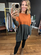 In My Pocket Colorblock Tunic Knit - Rust/ Olive Grey-Tea N Rose-Anna Kaytes Boutique, Women's Fashion Boutique in Grinnell, Iowa