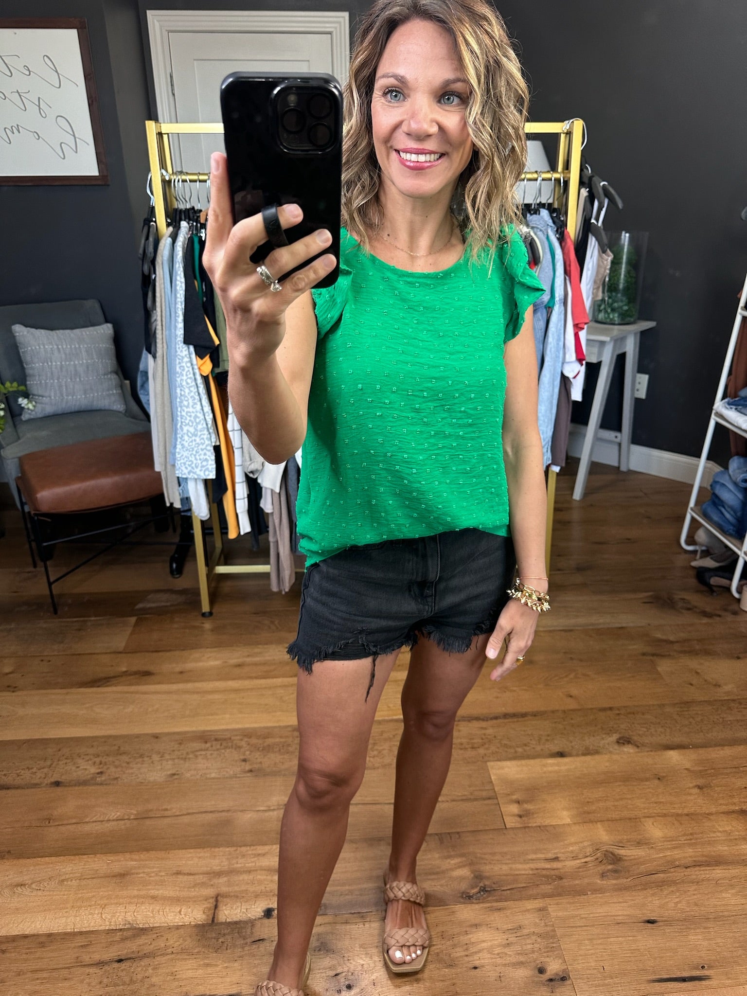 What Happiness Means Swiss Dot Top With Flutter Sleeve - Kelly Green-Short Sleeves-Les Amis T1482-N-Anna Kaytes Boutique, Women's Fashion Boutique in Grinnell, Iowa