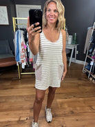 Summer Essence Striped Romper Dress - Taupe-Rompers-Bucketlist-Anna Kaytes Boutique, Women's Fashion Boutique in Grinnell, Iowa